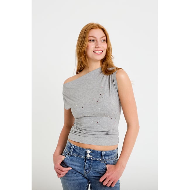 Top ajusté sans manches col bateau gris clair <span itemprop=