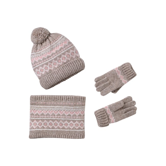 Ensemble tricot bonnet, snood et gants moka <span itemprop=