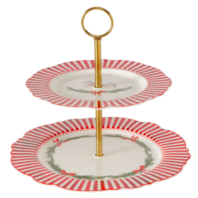 Plat de présentation Noël 2 étages céramique et métal doré 26.5x26,5x24cm Couleur rouge <span itemprop=