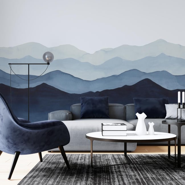 Papier peint panoramique avec montagnes bleus - 510x260 cm (l x h) Couleur bleu <span itemprop=