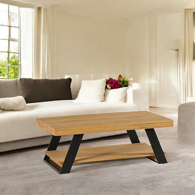Table basse double plateau en bois de pin massif brossé GREENWICH Couleur bois naturel <span itemprop=