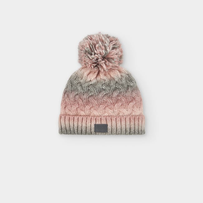 Bonnet bébé tressé avec pompon rose <span itemprop=
