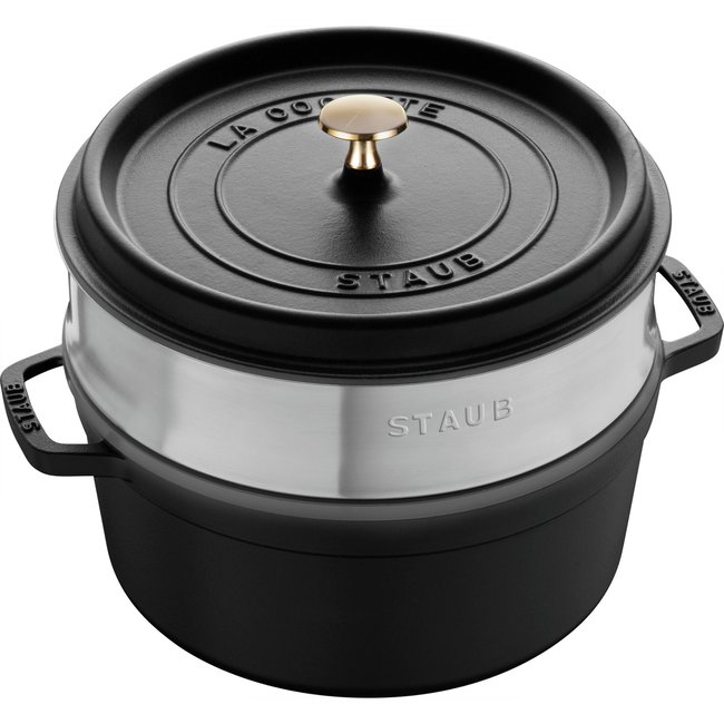 Cocotte avec panier vapeur 26 cm, Rond(e), Noir mat, Fonte noir mat <span itemprop=