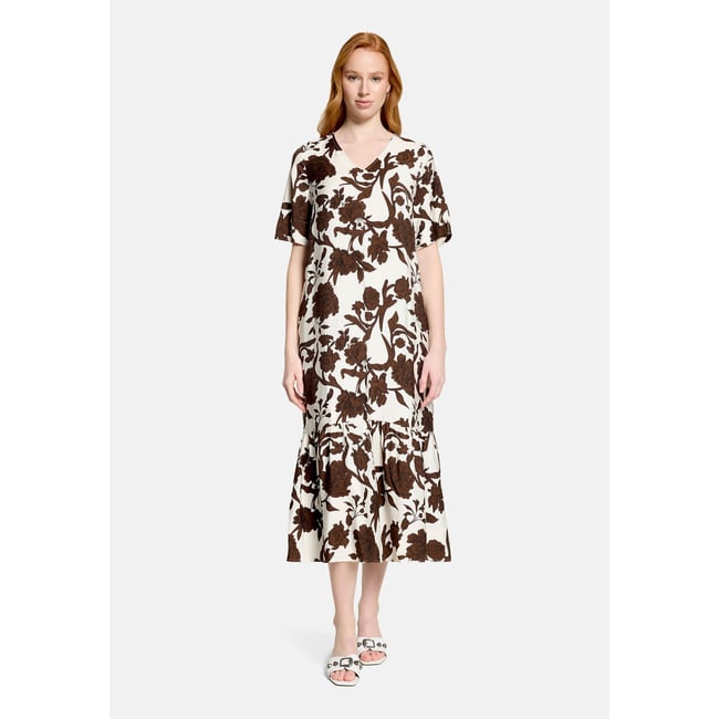 Robe longueur midi à volant blanc/marron <span itemprop=