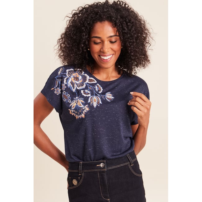 T-shirt à sequins manches courtes bleu marine <span itemprop=