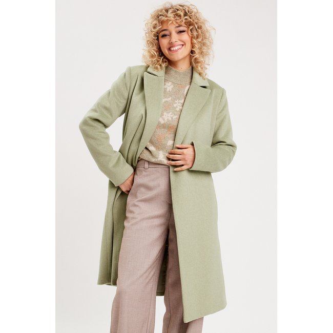 Manteau long droit ceinturé vert kaki <span itemprop=
