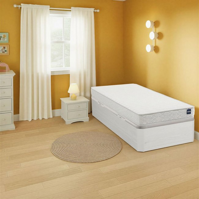 Ensemble matelas mousse BULTEX PRIMO FAIR 2 et sommier coffre SPACE UP JUNIOR Couleur chêne blanchi <span itemprop=