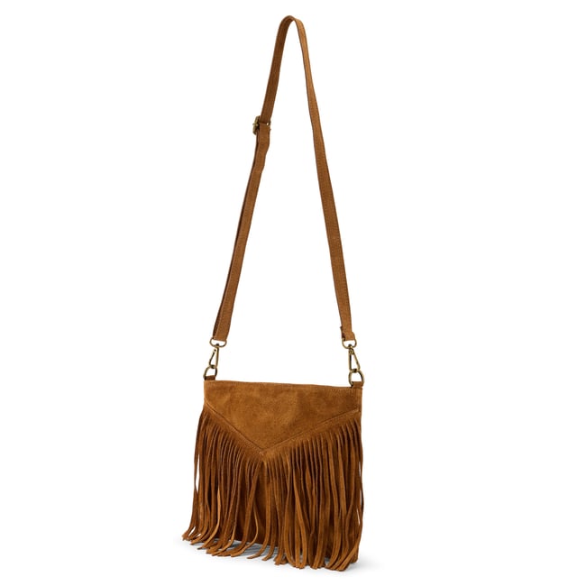 Sac cuir à franges marron <span itemprop=