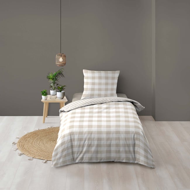 Parure de lit 2 pièces 100 % coton imprimé à carreaux housse + taie naturel <span itemprop=
