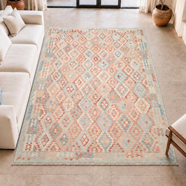 Tapis kilim géométrique, tissé plat artisanal, KILIM 101 Couleur multicolore, bleu, rouge <span itemprop=
