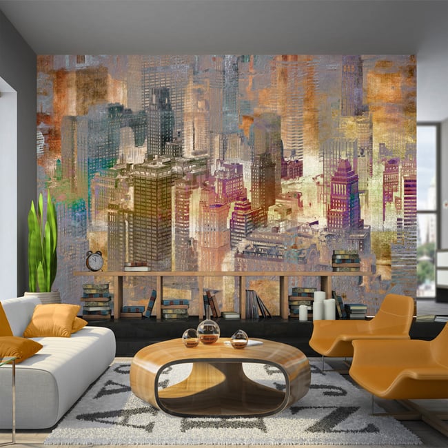 Papier peint intissé panoramique Ville et Architecture City ​​in the mist Couleur multicouleur <span itemprop=