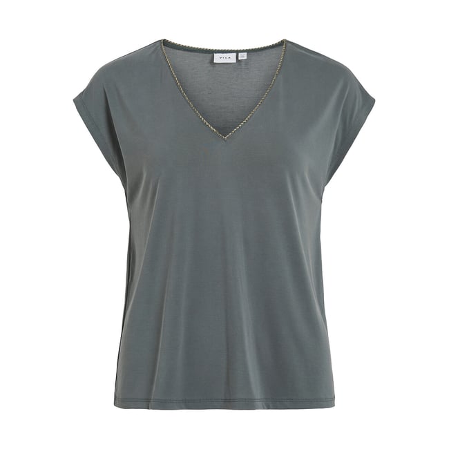 Camiseta de manga corta y cuello de pico verde salvia <span itemprop=