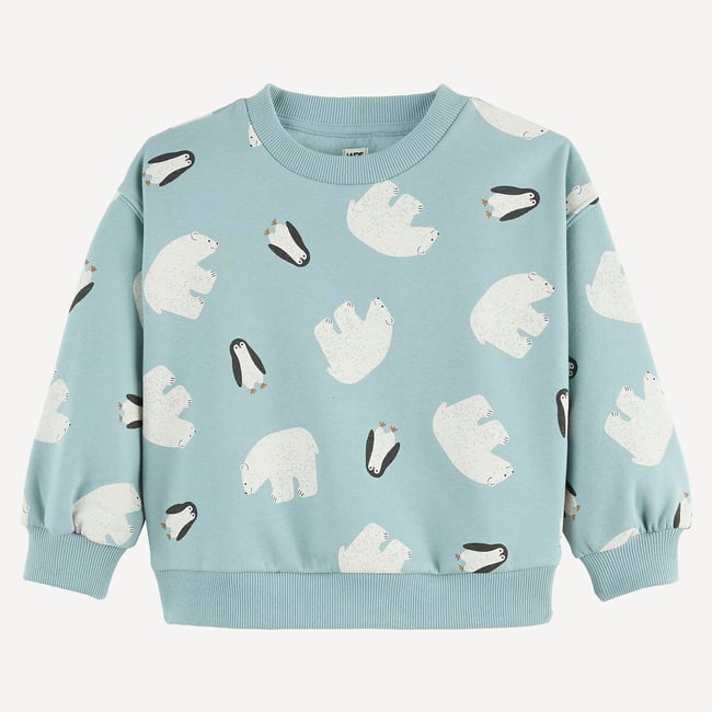 Sweat col rond, en molleton, imprimé ours blancs et pingouins bleu <span itemprop=