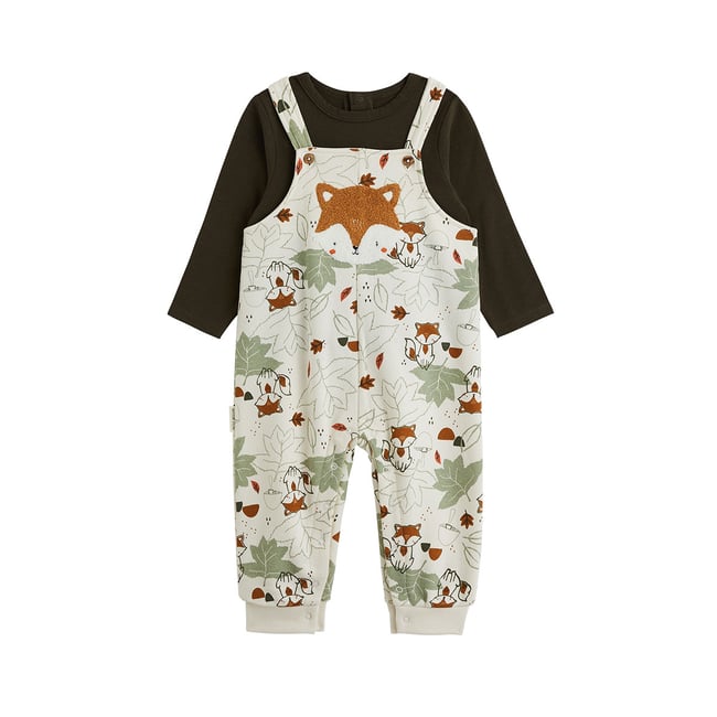 Ensemble salopette bébé en molleton et t-shirt Ginkgo ecru <span itemprop=