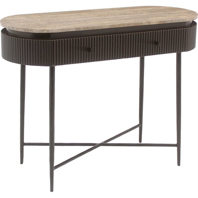 Console fine en travertin collection RUSSO Couleur brun cendré <span itemprop=