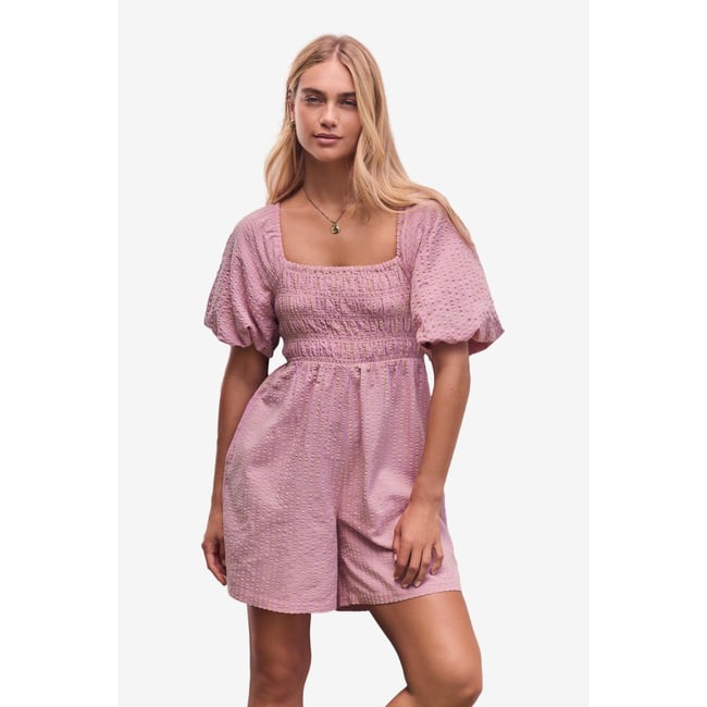 Combi-short texturé à épaules dénudées rose/jaune <span itemprop=