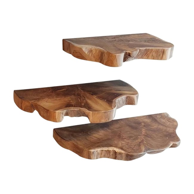 Etagères murales en teck recyclé avec bords naturels (lot de 3) Couleur bois naturel <span itemprop=