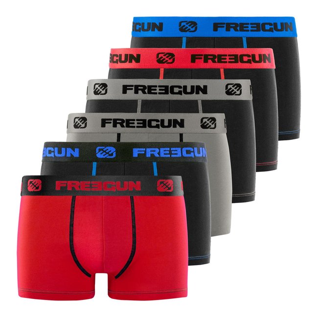 Lot de 6 Boxers coton rouge/noir/bleu/gris <span itemprop=