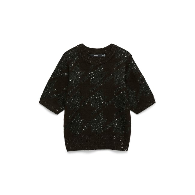 Pull a maniche corte in maglia con paillettes marrone cioccolato VERO MODA