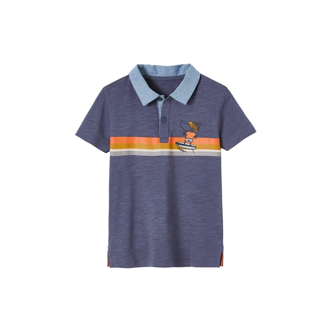 Polo à rayures placées détails en chambray bleu ardoise <span itemprop=