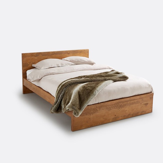 Lit en pin massif brossé, Lunja Couleur bois foncé <span itemprop=