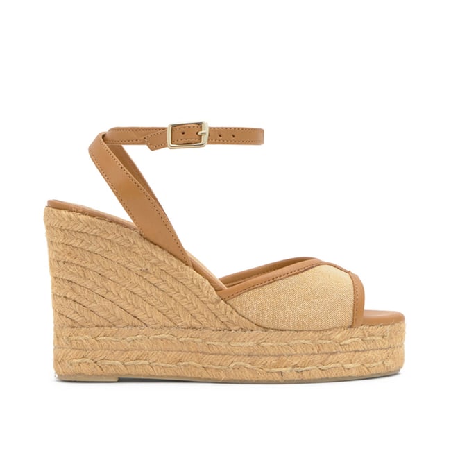 Sandales compensées en toile et cuir nappa à bride cheville BRIGITTE EXTRA PLATFORM  sable <span itemprop=