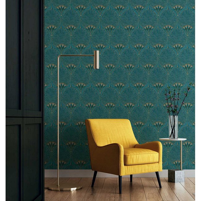 Papier peint art déco bleu paon Couleur bleu <span itemprop=