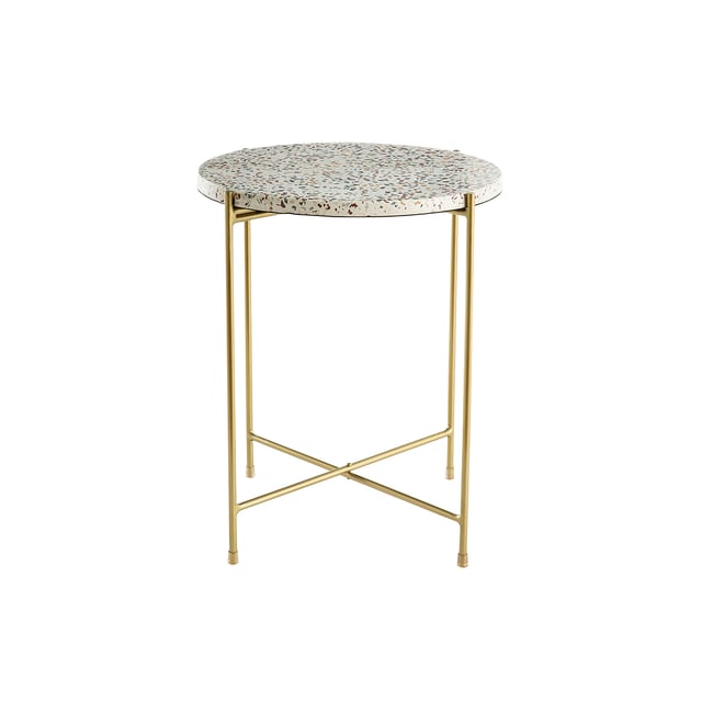 Table d'appoint design ronde en terrazzo et métal doré D40 cm MEZZO Couleur crème <span itemprop=