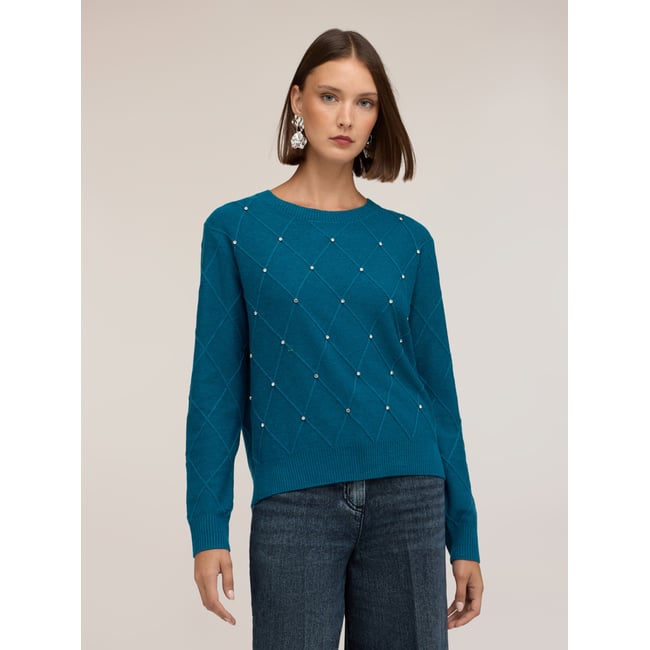 Pull en tricot à motif losanges avec pierres crystal petrol blue <span itemprop=