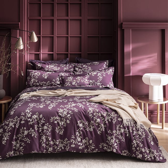 Housse de couette imprimée en satin de coton bio, VIVIENNE violet <span itemprop=
