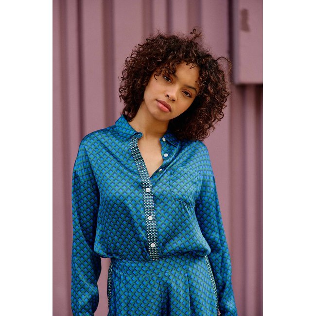 Chan Geometric Print Blouse with Long Sleeves, blue print, LA PETITE ETOILE