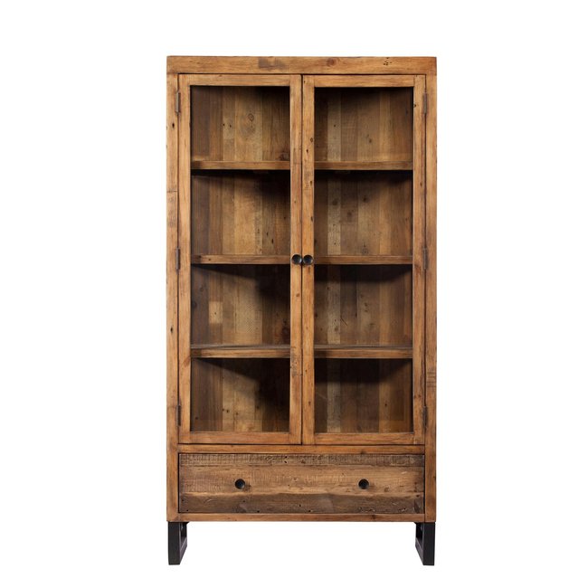 Bibliothèque vitrine en bois recyclé BRISBANE Couleur bois naturel <span itemprop=