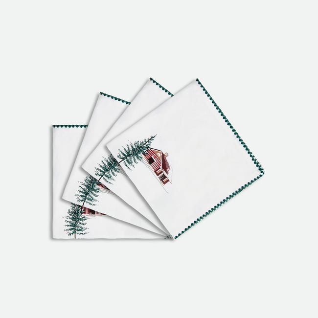 Lot de 4 serviettes de table imprimées, en coton lavé, SNOW COUNTRY imprimé <span itemprop=