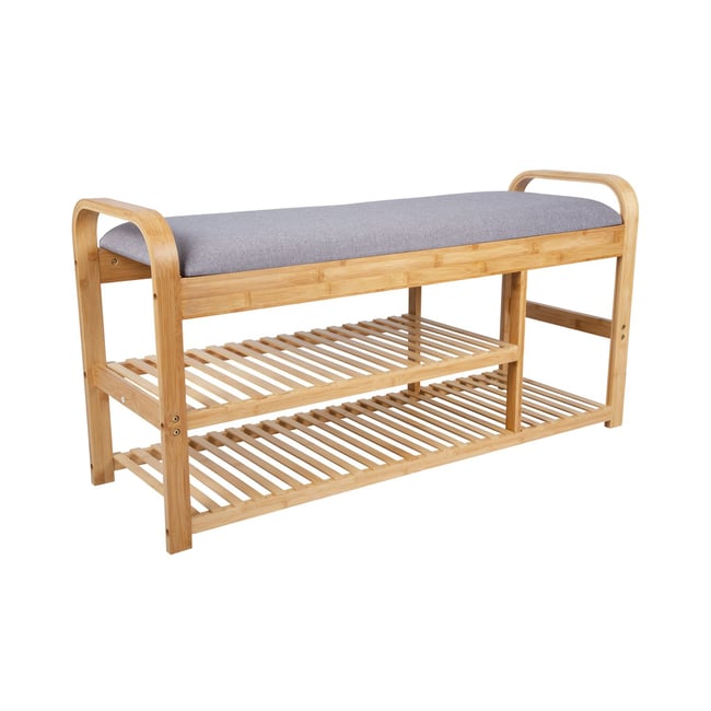 Banc de rangement 2 étagères en bambou et tissu ARCH Couleur gris <span itemprop=