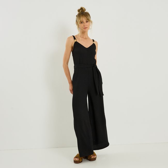 Combinaison en maille à bretelles noir <span itemprop=