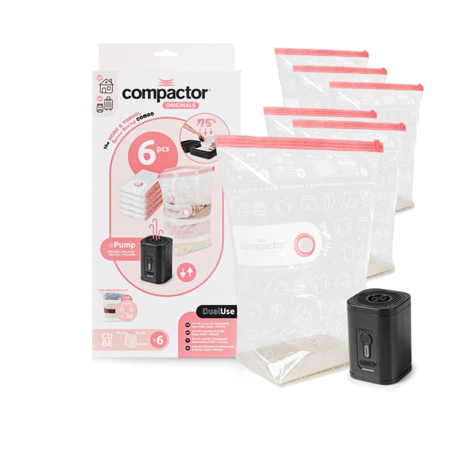 COMPACTOR - Lot 6 cubes rangement sous vide + pompe électrique - 30 + 20 + H.50 cm - - COMPACTOR