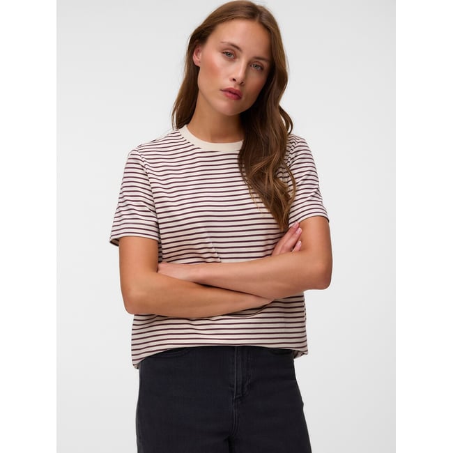 T-shirt rayé col rond manches courtes ecru/marron <span itemprop=