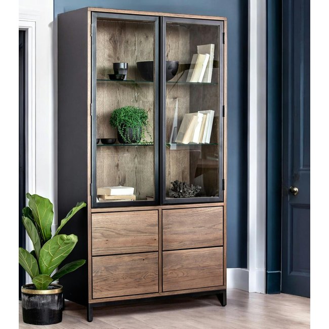Meuble bibliothèque vitrine en chêne massif 2 portes style contemporain 90x170cm HUDSON Couleur bois naturel <span itemprop=