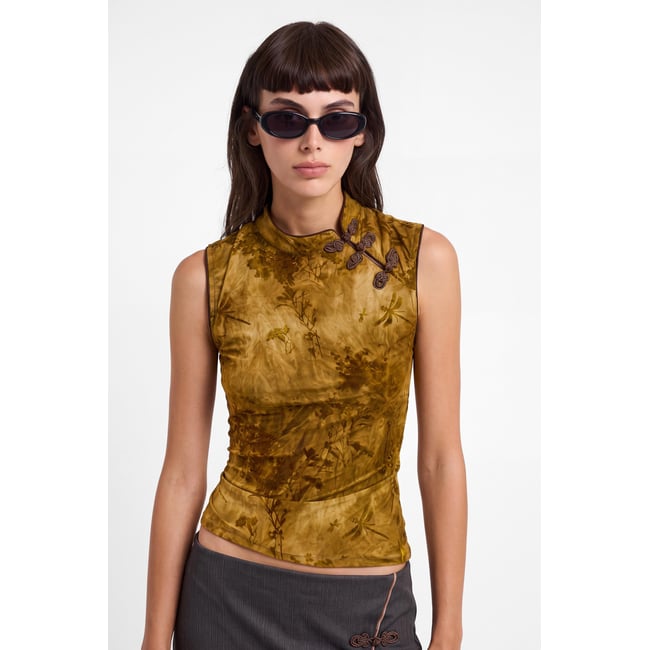 top à imprimé floqué marron <span itemprop=