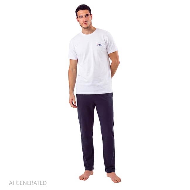 Ensemble Pyjama en coton blanc/bleu matine <span itemprop=