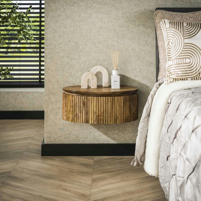 Table de nuit murale en bois de manguier rainuré, forme ronde DELHI Couleur bois naturel <span itemprop=