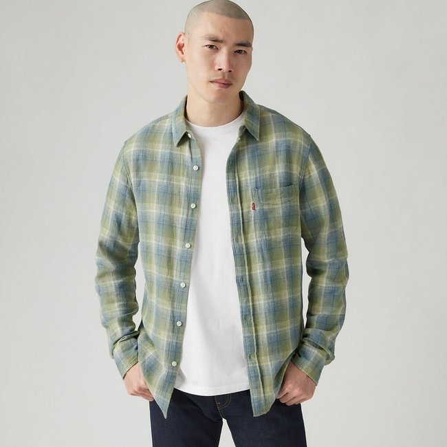 Cotton Linen Shirt in Regular Fit with Pocket, khaki checks, LEVI'S