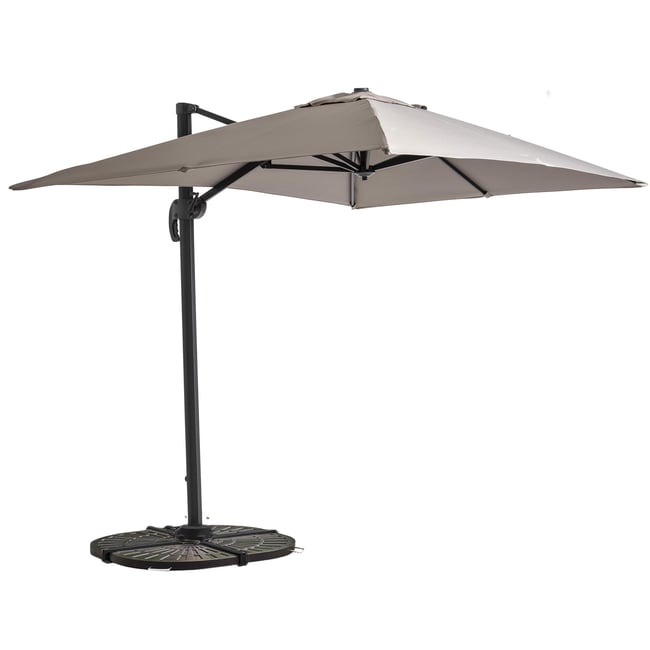 Parasol déporté inclinable rotatif 2 x 3m + 4 dalles lestées, AMALYA taupe <span itemprop=