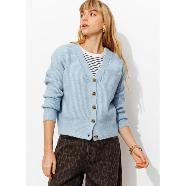 Pull cardigan recto-verso bleu ciel <span itemprop=