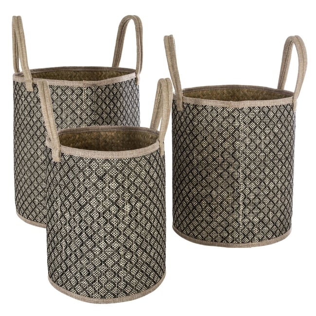 Ensemble de 3 paniers de rangement en osier avec anse Couleur beige <span itemprop=