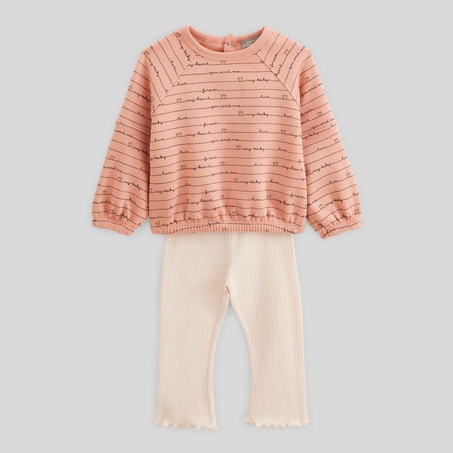 Ensemble sweat imprimé et legging côtelé uni en coton BIO GOTS terre rose <span itemprop=