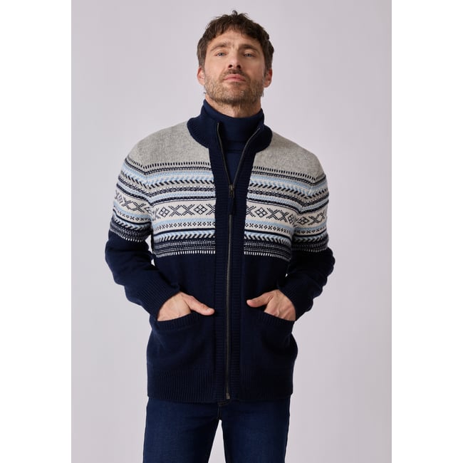 Gilet zippé jacquard bleu marine jacquard <span itemprop=