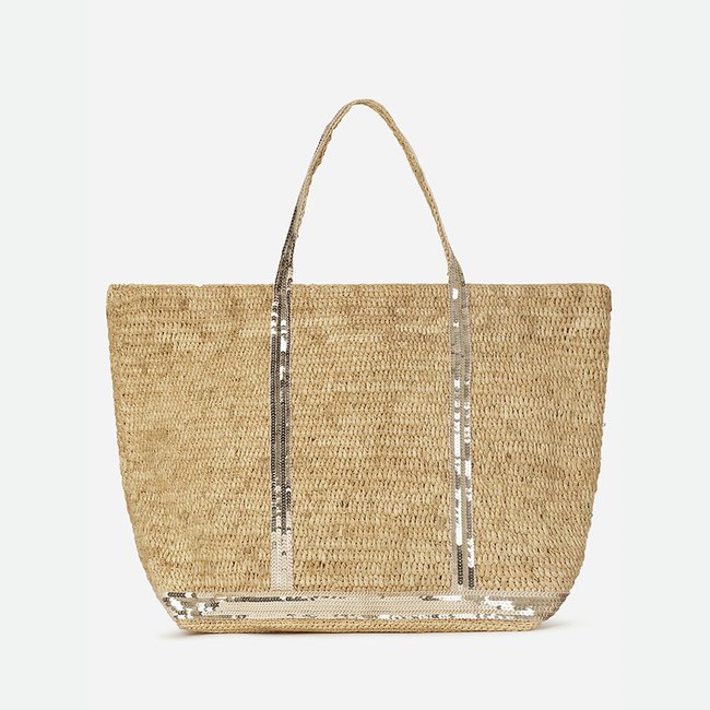 Sac cabas XL en raphia et sequins or <span itemprop=