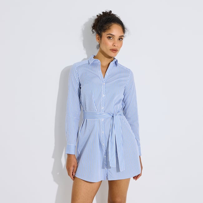 Robe chemisier rayée manches longues bleu <span itemprop=