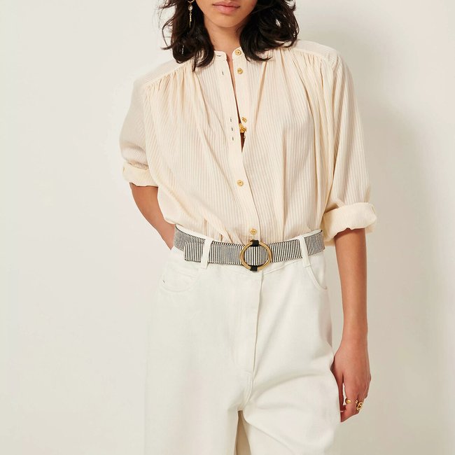 Weit geschnittene, geraffte Bluse mit Streifen, STALIGHT ecru <span itemprop=